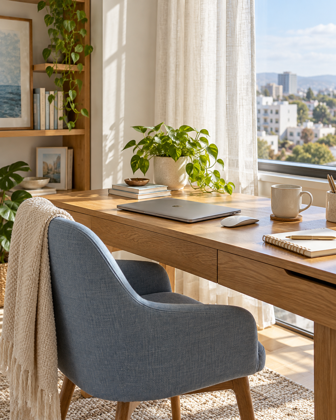 Ambiente de inspiración con escritorio de madera y silla azul